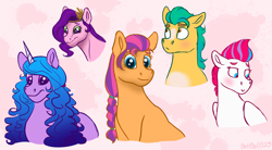 Size: 4272x2350 | Tagged: safe, artist:bella-pink-savage, imported from derpibooru, hitch trailblazer, izzy moonbow, pipp petals, sunny starscout, zipp storm, earth pony, pegasus, pony, unicorn, blushing, female, g5, hitchzipp, implied shipping, implied straight, male, mane five (g5), mare, my little pony: a new generation, shipping, shy, simple background, stallion, straight