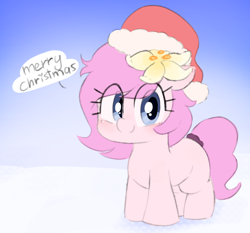 Size: 2344x2184 | Tagged: safe, artist:parfait, imported from derpibooru, oc, oc only, oc:kayla, earth pony, pony, christmas, female, filly, flower, flower in hair, hat, high res, holiday, looking at you, santa hat, scrunchie, simple background, smiling, solo, text