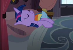 Size: 1280x876 | Tagged: safe, artist:celysus, edit, edited screencap, imported from derpibooru, screencap, rainbow dash, twilight sparkle, alicorn, pegasus, princess spike (episode), season 5, bed, blanket, book, curtains, eyes closed, female, lesbian, mare, pillow, shipping, sleeping, twidash, twilight sparkle (alicorn)