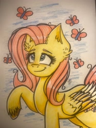 Size: 3024x4032 | Tagged: safe, artist:galaxy swirl, imported from derpibooru, fluttershy, butterfly, pegasus, pony, cute, daaaaaaaaaaaw, ear fluff, female, folded wings, high res, looking at something, looking up, mare, raised hoof, shyabetes, smiling, solo, standing, three quarter view, traditional art, unshorn fetlocks, wings