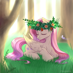 Size: 1024x1024 | Tagged: safe, artist:niia56, imported from derpibooru, fluttershy, butterfly, pegasus, pony, colored hooves, crepuscular rays, cute, eyes closed, female, floral head wreath, flower, folded wings, grass, lying down, mare, outdoors, prone, shyabetes, smiling, solo, three quarter view, tree, turned head, unshorn fetlocks, wings