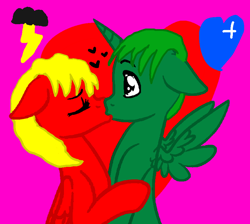 Size: 860x769 | Tagged: safe, artist:kevan94, imported from derpibooru, oc, oc:edy, oc:kevan, alicorn, pegasus, alicorn oc, cutie mark background, floating heart, green mane, heart, heart background, horn, kissing, pegasus oc, wings, yellow mane