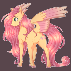 Size: 1024x1024 | Tagged: safe, artist:snowolive, imported from derpibooru, fluttershy, pegasus, pony, brown background, colored hooves, colored wings, cutie mark, female, long mane, long tail, looking away, mare, outline, profile, simple background, solo, spread wings, standing, tail, two toned wings, white outline, wings