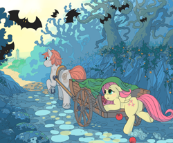 Size: 1280x1067 | Tagged: safe, artist:myr2a, imported from derpibooru, fluttershy, oc, bat, earth pony, pegasus, pony, apple, butt, cart, coat markings, cobblestone street, cutie mark, dappled, duo, female, flutterbutt, food, forest, hiding, horseshoes, male, mare, plot, road, scenery, stallion, town