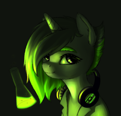 Size: 1024x979 | Tagged: safe, artist:niia56, imported from derpibooru, oc, oc only, pony, unicorn, eyebrows, female, flask, green background, green light, headphones, looking at you, mare, simple background, smiling, solo