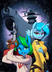 Size: 1653x2300 | Tagged: safe, artist:mrscroup, imported from derpibooru, oc, oc only, oc:arcane gear, oc:karina, anthro, unicorn, anthro oc, battleship, clothes, not trixie, skintight clothes, space, space battleship yamato, spandex, uniform