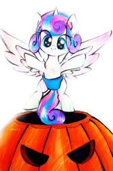 Size: 728x1097 | Tagged: safe, artist:liaaqila, imported from derpibooru, princess flurry heart, alicorn, pony, baby, baby pony, cute, diaper, female, filly, flurrybetes, flying, foal, halloween, holiday, jack-o-lantern, looking at you, pumpkin, simple background, smiling, white background