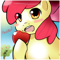 Size: 800x800 | Tagged: safe, artist:jerryrc, imported from derpibooru, apple bloom, earth pony, pony, adorabloom, apple, apple tree, cute, female, filly, food, solo, tree