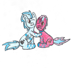 Size: 1000x1000 | Tagged: safe, artist:acid flask, derpibooru exclusive, imported from derpibooru, oc, oc:acid flask, oc:film wheel, pegasus, pony, unicorn, broken horn, broken wing, brothers, colored pencil drawing, duo, horn, hug, looking at each other, male, pegasus oc, siblings, simple background, sitting, smiling, smiling at each other, stallion, traditional art, unicorn oc, white background, wings, zebra stripes