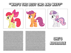 Size: 640x480 | Tagged: safe, imported from derpibooru, apple bloom, scootaloo, sweetie belle, earth pony, pegasus, pony, unicorn, apple bloom's bow, best pony, bow, caption, cutie mark, cutie mark crusaders, female, filly, hair bow, image macro, meme, shitposting, text, the cmc's cutie marks, wall of text