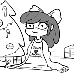 Size: 3300x3300 | Tagged: safe, artist:tjpones, imported from derpibooru, apple bloom, human, black and white, christmas, christmas tree, clothes, female, freckles, grayscale, high res, holiday, humanized, looking at you, monochrome, oversized clothes, smiling, smiling at you, solo, sweater, tree