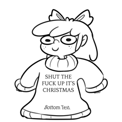 Size: 3300x3300 | Tagged: safe, artist:tjpones, imported from derpibooru, apple bloom, human, black and white, bottom text, christmas, clothes, female, freckles, grayscale, high res, holiday, humanized, lineart, looking at you, monochrome, oversized clothes, simple background, smiling, smiling at you, solo, sweater, vulgar, white background