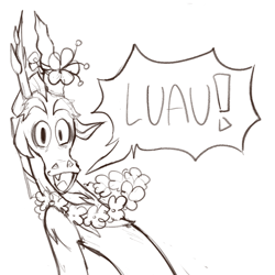 Size: 640x640 | Tagged: safe, artist:lesbianditzydoo, imported from derpibooru, part of a set, discord, draconequus, to where and back again, discord being discord, drawing, exclamation point, floral necklace, flower, grayscale, luau, monochrome, movie reference, parody, scene parody, sketch, solo, the lion king