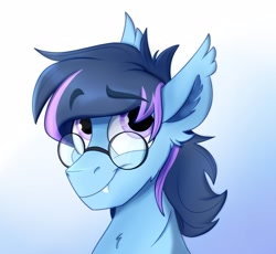 Size: 1600x1471 | Tagged: safe, artist:rutkotka, imported from derpibooru, oc, oc only, oc:glacier wind, pony, bust, ear fluff, ear tufts, eyebrows, eyebrows visible through hair, fangs, glasses, gradient background, looking up, portrait, purple eyes, smiling, solo, two toned mane