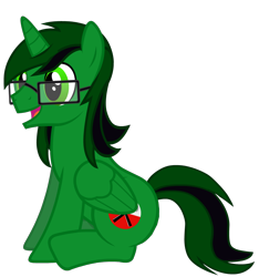 Size: 1042x1115 | Tagged: safe, artist:fernando-fontes-64, imported from derpibooru, oc, oc only, oc:fernando jesús, alicorn, pony, derpibooru community collaboration, 2022 community collab, alicorn oc, folded wings, full body, glasses, green eyes, horn, male, male oc, open mouth, open smile, pink floyd, show accurate, simple background, sitting, smiling, solo, stallion, tail, the wall, transparent background, two toned mane, two toned tail, wings