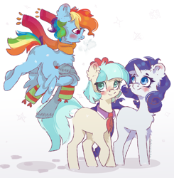 Size: 4600x4700 | Tagged: safe, artist:colorbrush, imported from derpibooru, coco pommel, rainbow dash, rarity, earth pony, pegasus, pony, unicorn, blushing, chest fluff, clothes, cute, ear blush, ear fluff, female, mare, missing cutie mark, scarf, simple background, snow, snowflake, striped scarf, white background, winter