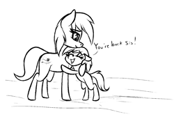 Size: 1350x924 | Tagged: safe, artist:seafooddinner, oc, oc only, oc:meadow frost, oc:tundra tracker, pony, dialogue, female, filly, hug, mare, monochrome, open mouth, siblings, sisters, snowpony (species), taiga pony, teary eyes