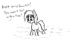 Size: 1485x894 | Tagged: safe, artist:seafooddinner, oc, oc only, oc:snowfall, pony, dialogue, ear fluff, female, filly, monochrome, nervous, offscreen character, scrunch, shaking, snow, snowpony (species), solo, taiga pony