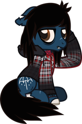 Size: 788x1189 | Tagged: safe, artist:lightningbolt, derpibooru exclusive, imported from derpibooru, pony, undead, zombie, zombie pony, .svg available, bags under eyes, bone, clothes, drop dead clothing, fangs, floppy ears, frown, hood, hoodie, lip piercing, looking back, oliver sykes, piercing, ponified, raised hoof, scar, simple background, sitting, solo, stitches, svg, tattoo, torn ear, transparent background, vector
