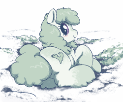 Size: 2855x2361 | Tagged: safe, artist:anonymous, oc, oc only, oc:lichen, pony, blaze (coat marking), blushing, cute, female, looking at you, looking back, looking back at you, lying down, mare, smiling, snow, snowpony (species), socks (coat marking), solo, taiga pony