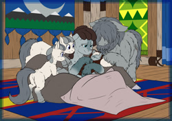 Size: 1350x950 | Tagged: safe, artist:a0iisa, oc, oc only, oc:bright snow, oc:firn gully, oc:shiny snow, oc:snowdrift, oc:snowplow, pony, beard, blanket, blaze (coat marking), brother and sister, facial hair, father and child, father and daughter, father and son, female, filly, foal, hair over eyes, male, mare, mother and child, mother and daughter, mother and son, pillow, siblings, sisters, snowpony (species), socks (coat marking), stallion, unshorn fetlocks