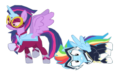 Size: 1280x769 | Tagged: safe, artist:benpictures1, imported from ponybooru, masked matter-horn, rainbow dash, twilight sparkle, zapp, alicorn, pegasus, pony, power ponies (episode), clothes, cute, dashabetes, duo, duo female, female, lesbian, looking down, power ponies, raised hoof, raised leg, shipping, simple background, teeth, transparent background, twiabetes, twidash, twilight sparkle (alicorn), vector