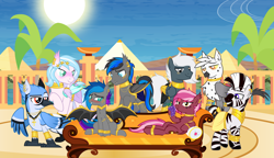 Size: 5250x3019 | Tagged: safe, artist:bnau, derpibooru exclusive, imported from derpibooru, oc, oc only, oc:astralis, oc:candor champion, oc:gallagher, oc:lyssa, oc:snowy knight, oc:tempest streamrider, oc:zeny, oc:zephyr, bat pony, griffon, pegasus, zebra, ankh, anklet, armband, armlet, armor, blushing, bracelet, bracer, chest fluff, choker, clothes, collar, couch, cuffs, desert, ear fluff, ear piercing, earring, egyptian, egyptian pony, eye of horus, face paint, fangs, female, food, freckles, gold, grapes, greaves, griffon oc, group picture, hair accessory, heterochromia, high res, hoof hold, hooped earrings, implied sex, jewelry, jewelry only, leg bracelet, leonine tail, loincloth, looking at you, lying down, male, mare, meme, necklace, oasis, palm tree, pegasus oc, peytral, piercing, piper perri surrounded, pyramid, ring, show accurate, shy, spread wings, stallion, standing, sun, surrounded, tail, tail jewelry, tail ring, tail wrap, tree, wall of tags, wing armor, wing jewelry, wing piercing, wings
