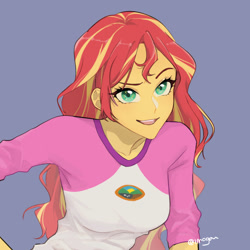 Size: 1000x1000 | Tagged: safe, artist:extraluna, imported from derpibooru, sunset shimmer, equestria girls, legend of everfree, blue background, breasts, busty sunset shimmer, camp everfree logo, camp everfree outfits, clothes, female, looking at you, open mouth, scene interpretation, simple background, smiling, solo