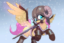 Size: 3400x2302 | Tagged: safe, artist:xbi, imported from derpibooru, fluttershy, pegasus, pony, 30 minute art challenge finished after, armor, badass, clothes, dovahkiin, dovahshy, female, flutterbadass, helmet, high res, horned helmet, mare, mouth hold, snow, solo, spread wings, sword, weapon, wing armor, wings
