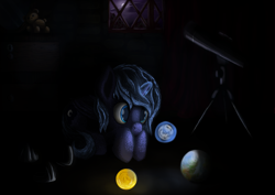 Size: 4960x3508 | Tagged: safe, artist:dr-fade, imported from derpibooru, princess luna, alicorn, pony, bedroom, dark, female, filly, glowing, glowing horn, horn, magic, moon, night, planet, plushie, solo, sun, teddy bear, telekinesis, telescope, window, woona, younger