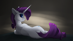 Size: 3840x2160 | Tagged: safe, artist:tenebrisnoctus, imported from derpibooru, rarity, pony, unicorn, butt, female, high res, looking at you, looking back, looking back at you, lying down, mare, on side, plot, rear view, rearity, solo