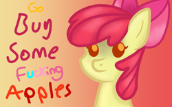 Size: 1920x1200 | Tagged: safe, artist:nitlynjane, imported from derpibooru, apple bloom, earth pony, pony, adorabloom, apple bloom's bow, bow, buy some apples, cute, gradient background, hair bow, looking at you, text, vulgar