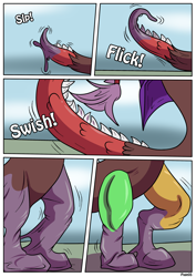 Size: 2480x3507 | Tagged: safe, artist:rex-equinox, imported from derpibooru, discord, draconequus, goo, human, bondage, comic, encasement, high res, human to draconequus, latex, living latex, tail, transformation, transformation sequence