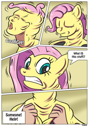 Size: 2480x3507 | Tagged: safe, artist:rex-equinox, imported from derpibooru, fluttershy, goo, human, latex pony, original species, pony, comic:goop attack, bondage, comic, encasement, eyes closed, gritted teeth, high res, human to pony, latex, living latex, male to female, rule 63, transformation, transformation sequence, transgender transformation