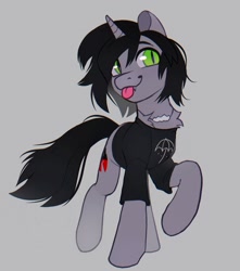 Size: 1317x1491 | Tagged: safe, artist:draw3, imported from derpibooru, pony, unicorn, :p, clothes, commission, disguise, disguised siren, fangs, gray background, happy, horn, jewelry, kellin quinn, male, necklace, ponified, raised hoof, shirt, simple background, sleeping with sirens, slit pupils, solo, stallion, t-shirt, tongue out