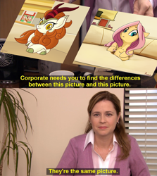 Size: 1360x1524 | Tagged: safe, artist:miokomata, artist:theratedrshimmer, editor:fluffer, imported from derpibooru, autumn blaze, fluttershy, kirin, behaving like a dog, crossed hooves, doge, meme, pam beesly, ponified animal photo, the office