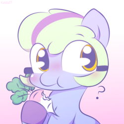 Size: 2000x2000 | Tagged: safe, artist:cushyhoof, imported from derpibooru, oc, oc only, oc:cascade throw, earth pony, pony, blushing, clothes, cute, earth pony oc, eating, eye clipping through hair, eyebrows, eyebrows visible through hair, female, food, gloves, gradient background, herbivore, high res, hoof hold, mare, ocbetes, solo, turnip