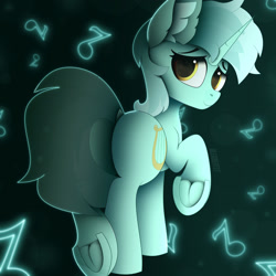 Size: 1920x1920 | Tagged: safe, alternate version, artist:alexbefest, imported from derpibooru, lyra heartstrings, pony, unicorn, blue, butt, cute, dock, female, frog (hoof), looking at you, looking back, looking back at you, lyrabetes, lyrebutt, mare, neon, plot, raised hoof, rear view, smiling, smiling at you, solo, standing on two hooves, tail, underhoof