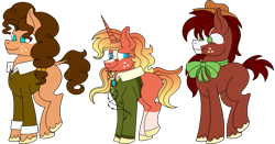 Size: 3197x1675 | Tagged: safe, artist:musical-medic, imported from derpibooru, oc, oc only, earth pony, pony, unicorn, bowtie, clothes, coat markings, earth pony oc, freckles, glasses, half-siblings, hat, horn, magical gay spawn, offspring, parent:big macintosh, parent:cheese sandwich, parent:sunburst, parents:mac n cheese, parents:macburst, parents:troublemac, simple background, socks (coat markings), sweater, transparent background, trio, unicorn oc