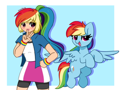 Size: 4832x3552 | Tagged: safe, artist:kittyrosie, imported from derpibooru, rainbow dash, human, pegasus, pony, alternate hairstyle, blushing, clothes, cute, dashabetes, equestria girls outfit, female, human ponidox, humanized, open mouth, open smile, peace sign, self paradox, self ponidox, smiling
