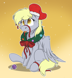 Size: 1908x2056 | Tagged: safe, artist:rokosmith26, imported from derpibooru, derpy hooves, pegasus, pony, bow, cheek fluff, christmas, christmas stocking, christmas wreath, commission, cute, derpabetes, female, floppy ears, gradient background, holiday, looking up, mare, one ear down, pegasus wings, png, raised hoof, ribbon, simple background, sitting, smiling, solo, spread wings, sweat, sweatdrop, tongue out, wings, wreath, ych result