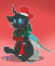 Size: 1804x2136 | Tagged: safe, alternate version, artist:rokosmith26, imported from derpibooru, oc, oc only, oc:tarsi, changeling, alternate character, bow, changeling horn, changeling oc, changeling wings, christmas, christmas changeling, christmas stocking, christmas wreath, clothes, commission, fangs, floppy ears, glasses, gradient background, holiday, horn, leggings, looking up, male, one ear down, raised hoof, ribbon, simple background, sitting, smiling, solo, spread wings, stallion, sweat, sweatdrop, tail, tongue out, tooth, transparent wings, wings, wreath, ych result