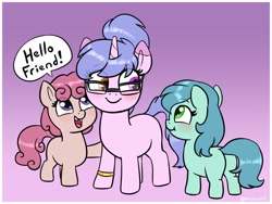 Size: 1856x1396 | Tagged: safe, artist:heretichesh, imported from derpibooru, oc, oc only, oc:steamy, earth pony, pony, unicorn, blushing, bracelet, cute, female, filfil, filly, glasses, gradient background, heterochromia, jewelry, looking at each other, looking at someone, ocbetes, open mouth, open smile, ponytail, smiling, tooth gap, trio