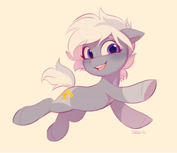 Size: 2997x2607 | Tagged: safe, artist:imalou, imported from derpibooru, oc, oc only, oc:silver bolt, earth pony, pony, female, high res, looking at you, mare, open mouth, open smile, simple background, smiling, smiling at you, solo, underhoof, yellow background