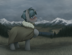 Size: 6000x4628 | Tagged: safe, artist:aquoquoo, imported from derpibooru, flash magnus, meadowbrook, mistmane, rockhoof, somnambula, star swirl the bearded, stygian, pony, unicorn, absurd resolution, cloak, clothes, depression, fog, forest, lonely, male, mountain, mountain range, pillars of equestria, scenery, solo, stallion, travelling, winter