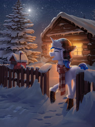 Size: 2875x3836 | Tagged: safe, artist:helmie-art, imported from derpibooru, oc, oc only, pony, unicorn, clothes, commission, fence, fir tree, fur hat, hat, high res, hoof boots, log cabin, mailbox, night, scarf, snow, solo, stars, striped scarf, tree, winter, winter hat, winter outfit, ych result