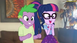 Size: 3640x2048 | Tagged: safe, artist:georgegarza01, imported from derpibooru, sci-twi, spike, twilight sparkle, equestria girls, clothes, excited, excitement, female, glasses, high res, human spike, male, shirt, show accurate, skirt, sparkle siblings