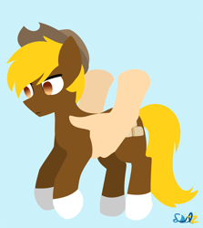 Size: 1380x1545 | Tagged: safe, artist:samsailz, imported from derpibooru, oc, oc only, oc:acres, earth pony, pony, blue background, coat markings, commission, cowboy hat, disembodied arm, disembodied hand, hand, hat, holding a pony, lineless, no pupils, simple background, socks (coat markings), tail, watermark, ych example, ych result, yellow mane, yellow tail, your character here