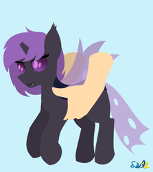 Size: 1380x1545 | Tagged: safe, artist:samsailz, imported from derpibooru, oc, oc only, changeling, pony, broken horn, commission, fangs, hand, holding a pony, horn, lineless, no iris, purple changeling, solo, ych example, ych result, your character here