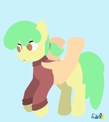 Size: 1376x1545 | Tagged: safe, artist:samsailz, imported from derpibooru, oc, oc only, earth pony, pony, clothes, commission, hand, holding a pony, lineless, no pupils, solo, sweater, turtleneck, ych example, ych result, your character here